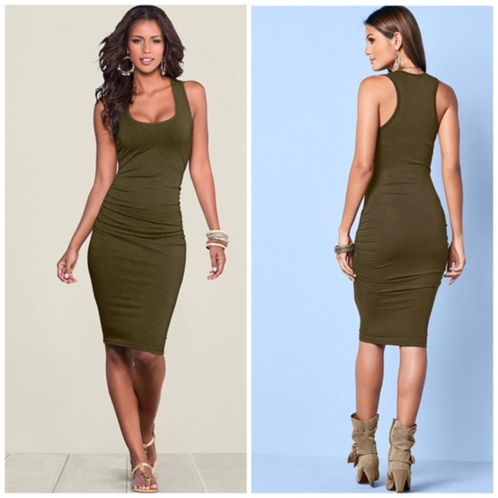 Venus xs army green ruched mini dress